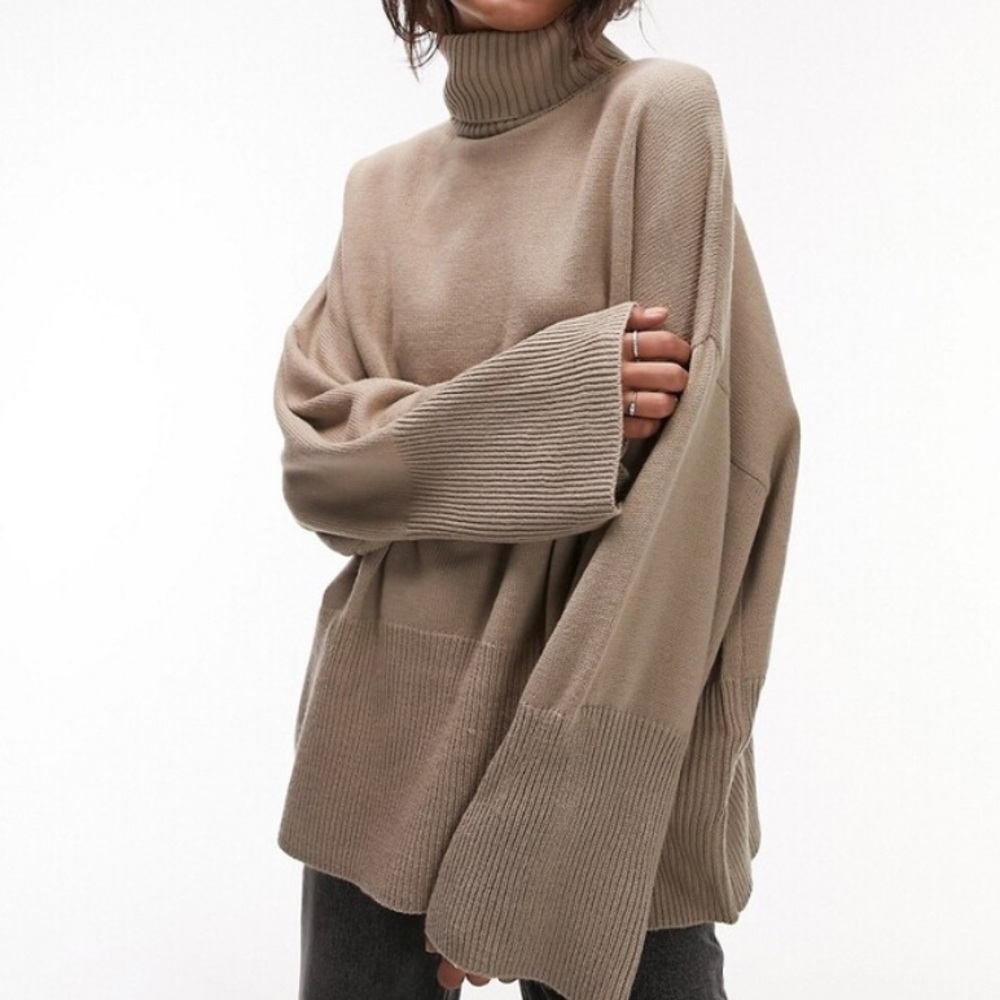 Topshop Roll Neck Oversized Sweater Taupe Slouchy Knit Neutral Minimalist 4-6 US